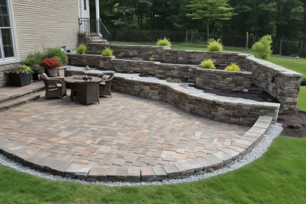 Beautiful stone patio with outdoor seating and mountain views