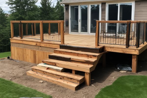 Elegant wooden porch with traditional design and outdoor furniture