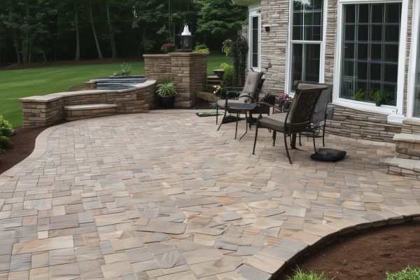 Custom fire pit area with stone seating and mountain backdrop