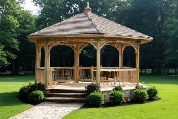 Gazebo with string lights and outdoor furniture in garden setting