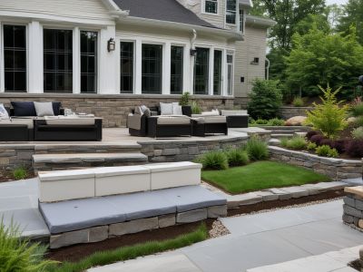 Fire pit area with stone seating and mountain backdrop