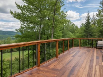Elegant wooden porch with comfortable seating and mountain decor