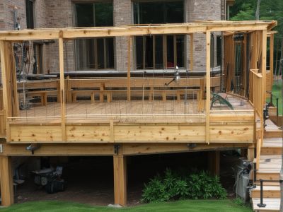 Outdoor kitchen area with stone counters and built-in appliances