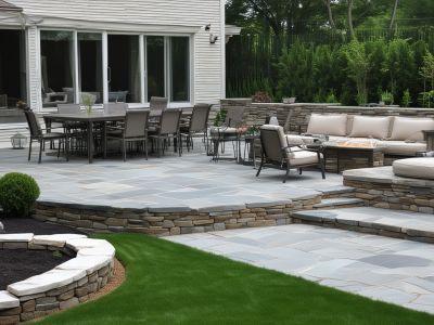 Beautiful stone patio with outdoor furniture and mountain views