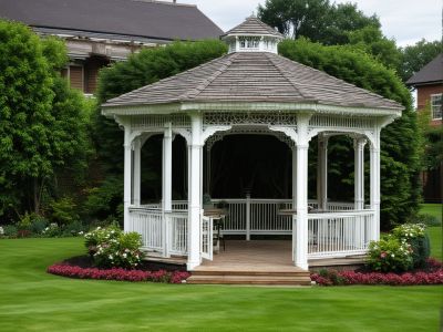 Gazebo in garden setting with string lights and outdoor furniture