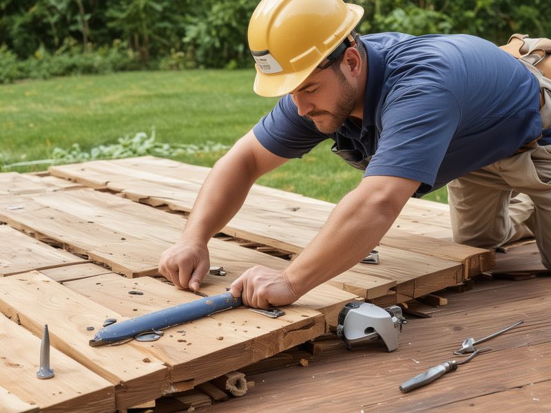 Professional outdoor construction team working on deck project