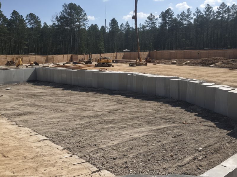 Modern outdoor construction facility with tools, materials, and equipment