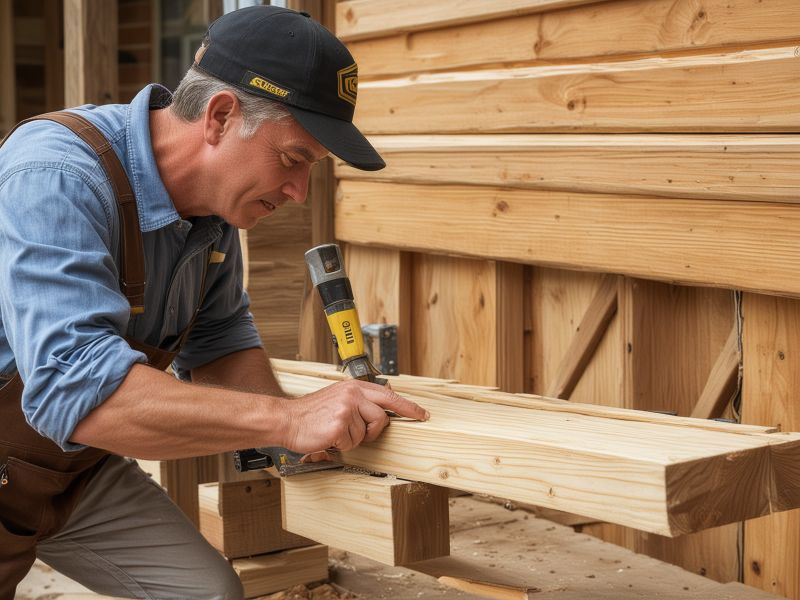 Skilled craftsman working on wooden deck construction with precision tools