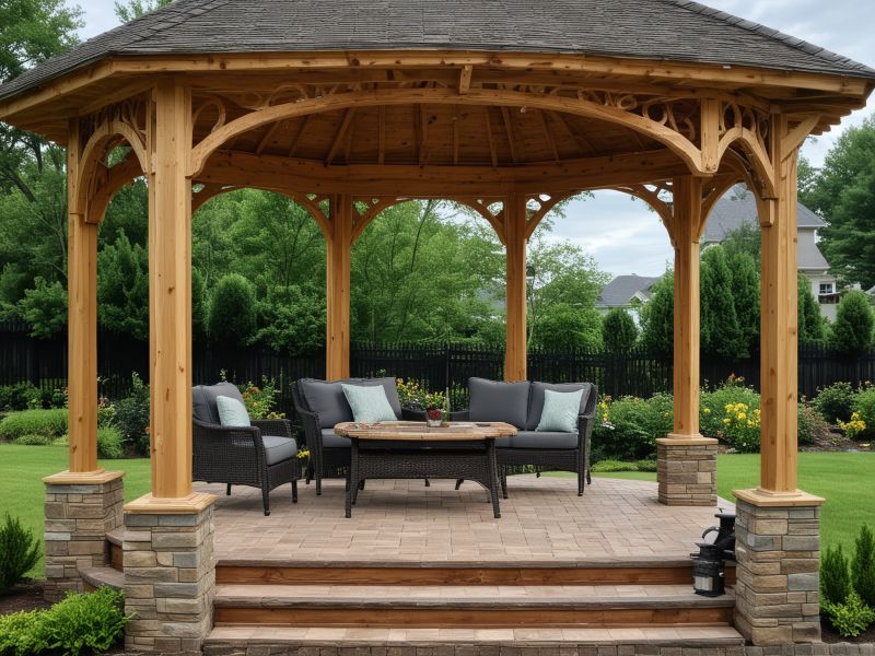 Elegant gazebo with string lights and outdoor furniture in garden setting