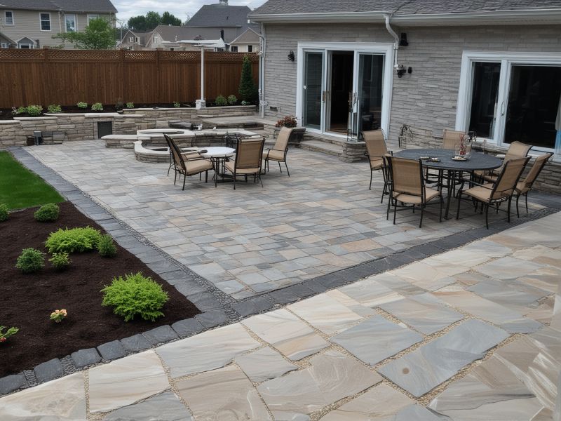 Custom fire pit area with stone seating and mountain backdrop