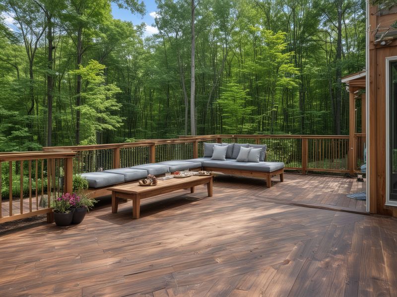 Traditional wooden porch with stone foundation and mountain decor
